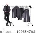 Black fashion collection. Happy man designer and clothes, dress, pants, jacket. Isolated cartoon stylish male vector character, tailor or couturie 100654708