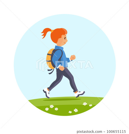 Little happy girl walks with a backpack 100655115