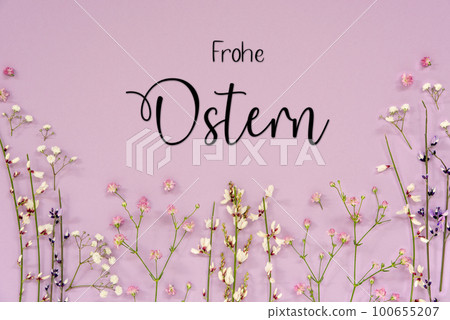 Purple Spring Flower Arrangement, German Text Frohe Ostern Means Happy Easter 100655207