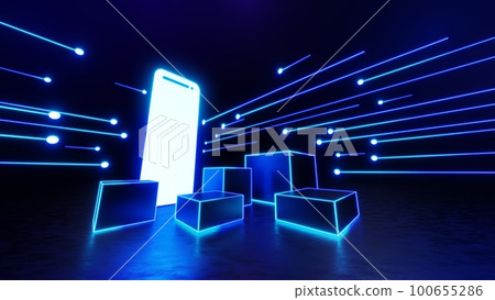 3d technology abstract neon light background, empty space scene, spotlight, dark night, virtual reality, cyber futuristic sci-fi background, street floor studio for mock up. colored geometric. 100655286