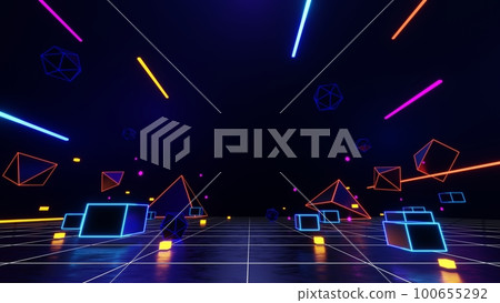 3d technology abstract neon light background, empty space scene, spotlight, dark night, virtual reality, cyber futuristic sci-fi background, street floor studio for mock up. colored geometric. 100655292