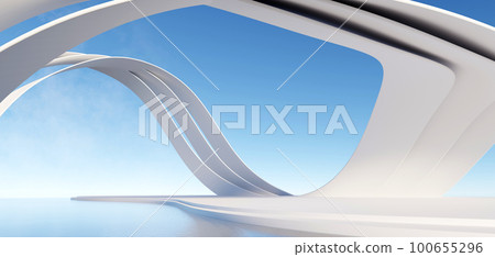 3d render surreal white minimal architecture background with geometric shapes, abstract fantastic design , landmark futuristic panoramic, futuristic scene with copy space, blue sky and cloudy. 100655296