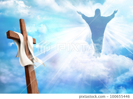 Resurrection. Christian cross with risen Jesus Christ and clouds sky background. Life after death	 100655446