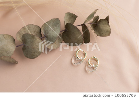Elegant jewelry set of gold earrings with dried flower background. Jewelry set minimalist style. Handmade bijouterie concept. Elegant jewelry set of gold earrings with dried flower background. Jewelry set minimalist style. Handmade bijouterie concept. 100655709