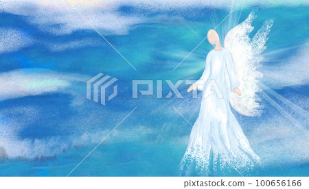 Archangel. Heavenly angelic spirit with wings. Hand draw Illustration abstract angel. Belief. Afterlife. Spiritual Angel. Sky clouds with bright light rays. Blessing. Inspiration. Banner 100656166