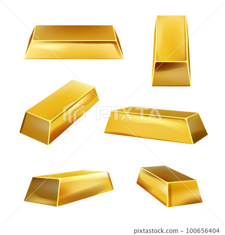 Golden bars. Collection of golden bricks solid money decent vector realistic collection 100656404