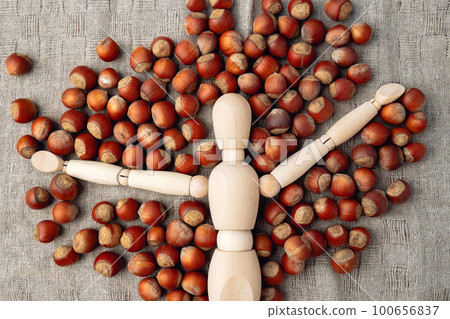 Hazelnut nuts on a linen napkin. Bulk Hazelnut kernel. 100656837