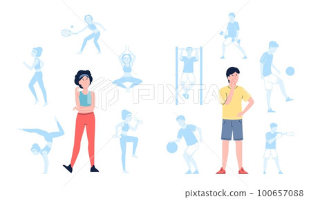 Choosing sport. Adults choose future training and workout. Woman and man thinking of physicals activities. Deciding and alternative recent vector scenes 100657088