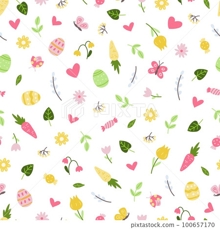 Cute spring graphics, flowers, leaves, decorative eggs seamless pattern. Garden tiny elements, butterfly and carrot. Doodle elements vector background Cute spring graphics, flowers, leaves, decorative eggs seamless pattern. Garden tiny elements, butterfly and carrot. Doodle elements vector background 100657170