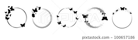 Butterfly frames. Black butterflies stars silhouettes, lined circle decor. Beautiful seasonal graphic elements, flying garden insect. Vector abstract art design Butterfly frames. Black butterflies stars silhouettes, lined circle decor. Beautiful seasonal graphic elements, flying garden insect. Vector abstract art design 100657186