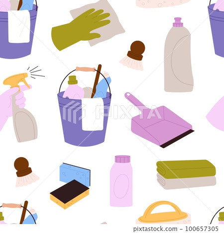 Cleaning housework elements seamless pattern. Bucket, clothes pile and sponges. Hands hold spray and cloth. Laundry or household racy vector print Cleaning housework elements seamless pattern. Bucket, clothes pile and sponges. Hands hold spray and cloth. Laundry or household racy vector print 100657305