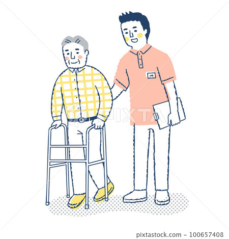 A senior man walking with a walker and a man helping 100657408