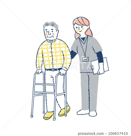 A senior man walking with a walker and a woman helping 100657410