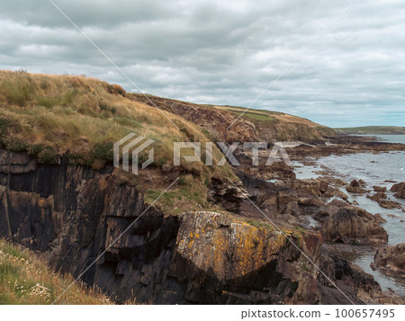 Picturesque Irish seaside landscape. Wild vegetation grows on stony soil. Cloudy sky over the ocean coast. Views on the wild Atlantic way, hills under clouds. Picturesque Irish seaside landscape. Wild vegetation grows on stony soil. Cloudy sky over the ocean coast. Views on the wild Atlantic way, hills under clouds. 100657495