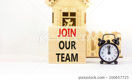 Join our team symbol. Concept words Join our team on wooden block on a beautiful white table white background. Black alarm clock. Business and join our team concept. Copy space. Join our team symbol. Concept words Join our team on wooden block on a beautiful white table white background. Black alarm clock. Business and join our team concept. Copy space. 100657725