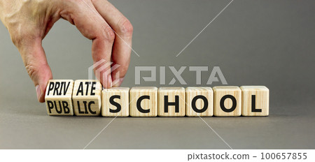 Public or private school symbol. Concept word Public school Private school on wooden cubes. Beautiful grey background. Teacher hand. Education Public or private school concept. Copy space. 100657855