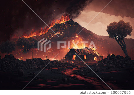 Destroyed buidings in city after volcano eruption. Abandoned village houses ruined by volcanic lava. Natural disaster. Created with Generative AI 100657995