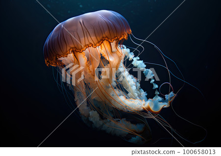 Jellyfish floating under water in the sea, close up. Wildlife in ocean. Created with Generative AI 100658013