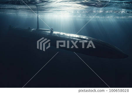 Military submarine in the sea. Floating vessel under water. Created with Generative AI Military submarine in the sea. Floating vessel under water. Created with Generative AI 100658028