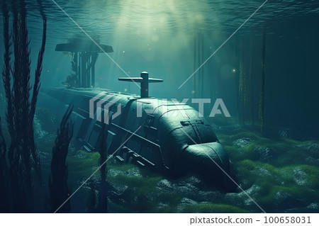 Military submarine in the sea. Floating vessel under water. Created with Generative AI 100658031