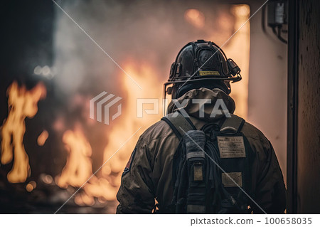 Firefighter in protective uniform standing in front of burning building. Rescue operation. Created with Generative AI 100658035