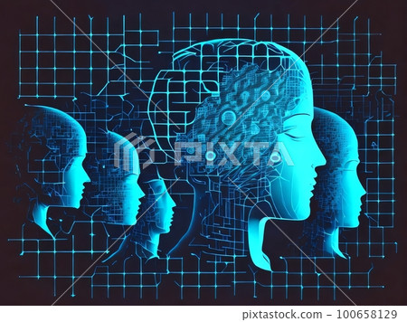 Arrangement of human face elements on the subject of brain, mind, reason, intuition, inner energy and mystic consciousness. Created with generative AI tools. 100658129