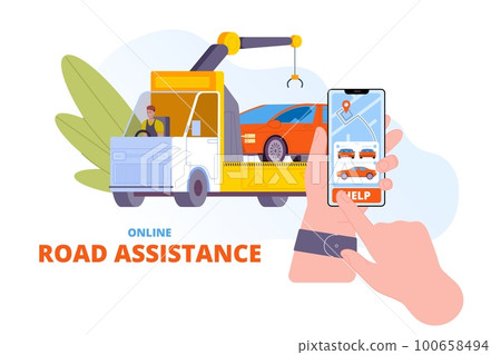 Roadside assistance online. Accident car rescue mobile app platform, digital emergency truck help on road maintenance service for broken automobile fault driver vector illustration Roadside assistance online. Accident car rescue mobile app platform, digital emergency truck help on road maintenance service for broken automobile fault driver vector illustration 100658494