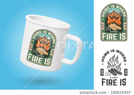 White camping cup. Realistic mug mockup template with sample design. Home is where the campfire is. Vector. Design with campfire silhouette White camping cup. Realistic mug mockup template with sample design. Home is where the campfire is. Vector. Design with campfire silhouette 100658497