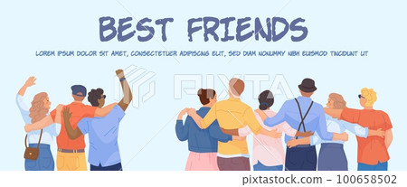 Hugging friends banner. Best friend web poster, group guys hugged people, students join to work or family union happy colleagues team friendship support concept vector illustration Hugging friends banner. Best friend web poster, group guys hugged people, students join to work or family union happy colleagues team friendship support concept vector illustration 100658502