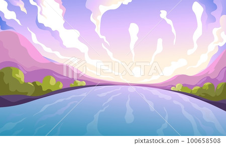 Dawn on river landscape. Calming painting rivers or lake horizon sunrise scene, early sunshine sky and mountains, cartoon summer nature perspective background vector illustration Dawn on river landscape. Calming painting rivers or lake horizon sunrise scene, early sunshine sky and mountains, cartoon summer nature perspective background vector illustration 100658508