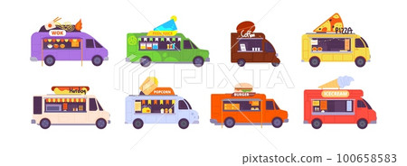 Catering trucks. Festival foodtruck, street cafe van food pushcart, burger pizza hotdog snack traditional restaurant on wheels coffee vehicle bar bus, splendid vector illustration 100658583