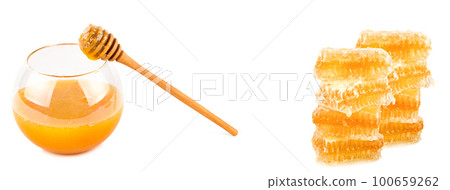 Sweet honeycomb, Honey pot and wooden dipper isolated on white . Collage. Free space for text. Wide photo. Sweet honeycomb, Honey pot and wooden dipper isolated on white . Collage. Free space for text. Wide photo. 100659262