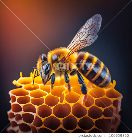 close up of a bee on honeycomb with honey realisti, generative AI 100659860