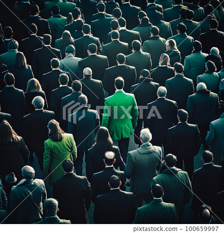 a crowd of people in black suits and only one person in green, generative AI a crowd of people in black suits and only one person in green, generative AI 100659997