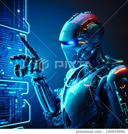 Cyber digital world android robot pointing finger, generative AI 100659998