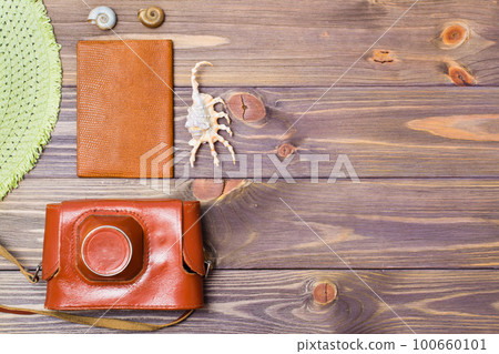 Camera in a case, passport and seashells on a wooden background. Retro style. Place for the inscription. Vacation concept. Camera in a case, passport and seashells on a wooden background. Retro style. Place for the inscription. Vacation concept. 100660101