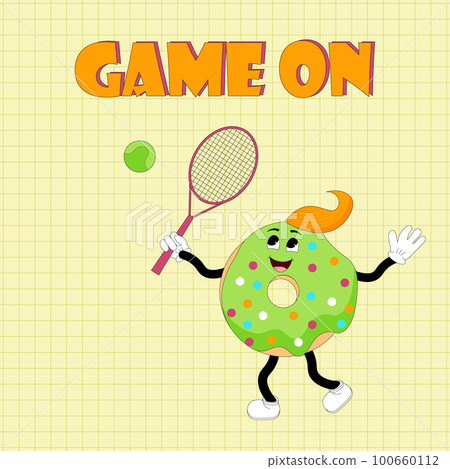 Postcard template - Game on. Cartoon character - donut with tennis racket and ball.  100660112