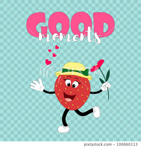 Postcard template - Good moment. Cartoon character - a strawberry in love in a hat and with a flower. Postcard template - Good moment. Cartoon character - a strawberry in love in a hat and with a flower. 100660113
