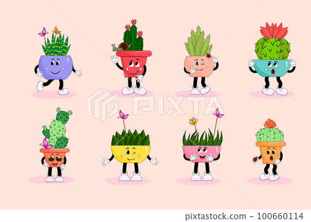 Funny cacti in flower pots. Cartoon style. Vector mascots on an isolated background.  100660114