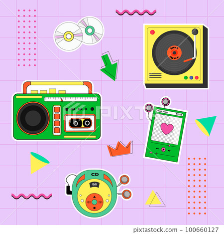 Card template with retro gadgets - record player, radio and TV, player with headphones and roller skates. Set of 90s stickers.  100660127