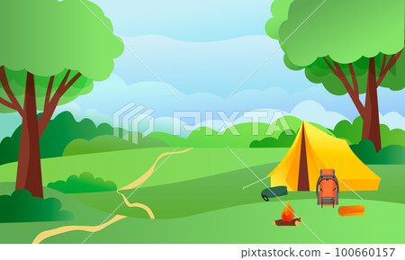 Camping. Forest glade and tent, fire, backpack. Landscape illustration. Camping. Forest glade and tent, fire, backpack. Landscape illustration. 100660157