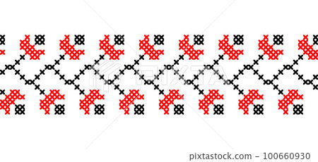 Ukrainian floral vector border pattern, ornament, print. Ukrainian folk, ethnic embroidery border pattern in red and black colors. Pixel art, vyshyvanka, cross stitch 100660930