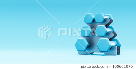 3D illustration. Dumbbells placed in a weight rack on an blue background. 3D illustration. Dumbbells placed in a weight rack on an blue background. 100661070