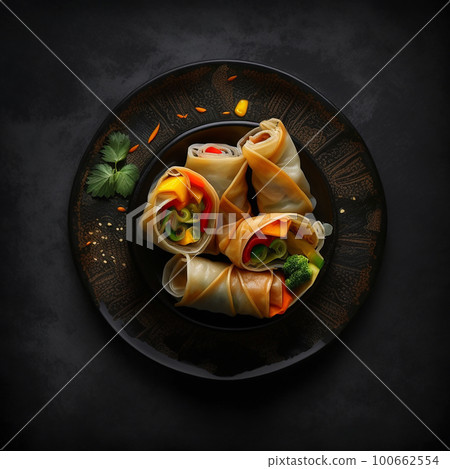 Appetizing fresh tasty chinese rolls with vegetables, close-up isolated on black, national chinese cuisine. Appetizing fresh tasty chinese rolls with vegetables, close-up isolated on black, national chinese cuisine. 100662554