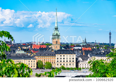 Stockholm skyline with the tower of St. Gertrude Church, also known as the German Church, in the Old Town, Stockholm, Sweden Stockholm skyline with the tower of St. Gertrude Church, also known as the German Church, in the Old Town, Stockholm, Sweden 100662920