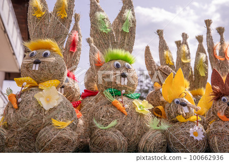 Easter decorative rabbit bunny, Easter street Josef market, sunny weather 100662936
