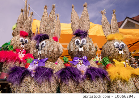 Easter decorative rabbit bunny, Easter street Josef market, sunny weather 100662943