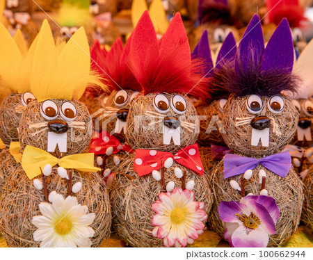 Easter decorative rabbit bunny, Easter street Josef market, sunny weather 100662944