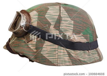German nazi army helmet with with protective goggles and camouflage cover, type Splinter, helmet M35, M40, M42. German nazi army helmet with with protective goggles and camouflage cover, type Splinter, helmet M35, M40, M42. 100664608