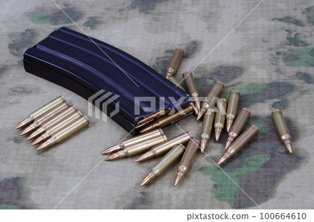 5.56mm ammunition with magazine on camouflage uniform 5.56mm ammunition with magazine on camouflage uniform 100664610